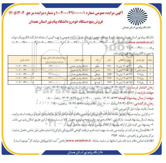 مزایده 5 دستگاه خودرو