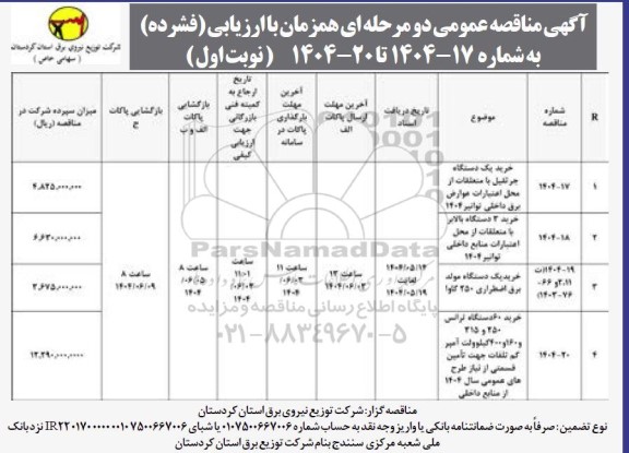 مناقصه خرید یک دستگاه جرثقیل با متعلقات ....