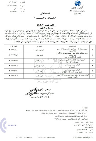 استعلام اجرای عملیات طرح فیبر نوری اختصاصی یا کابل مسی ...