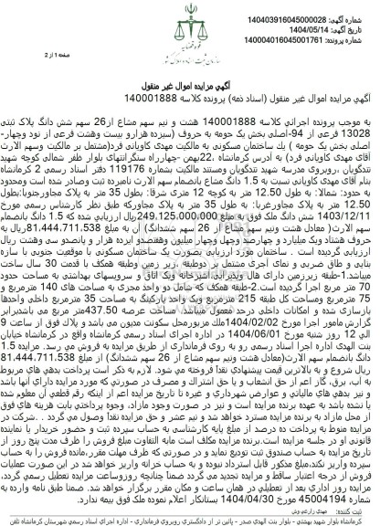 مزایده شش دانگ پلاک ثبتی 13028 فرعی از 94 اصلی