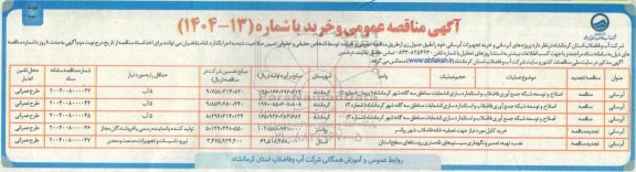 مناقصه پروژه های آبرسانی و خرید تجهیزات آبرسانی... نوبت دوم 