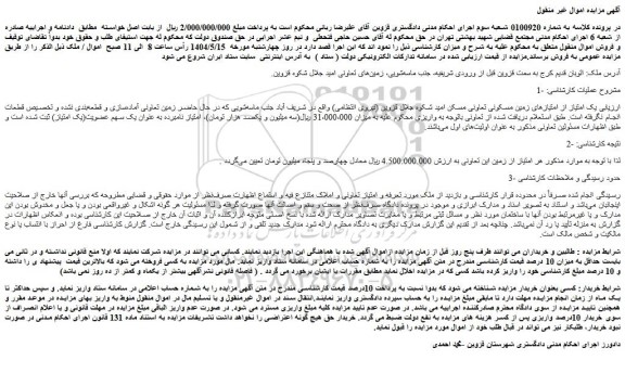 مزایده یک امتیاز از امتیازهای زمین مسکونی تعاونی مسکن امید شکوه جلال قزوین