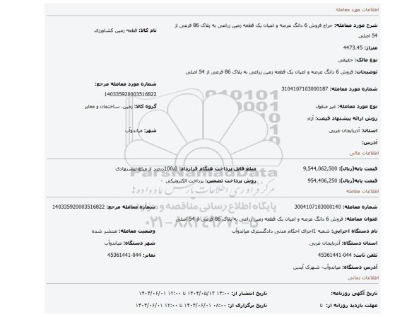 مزایده، فروش 6 دانگ عرصه و اعیان یک قطعه زمین زراعی به پلاک 86 فرعی از 54 اصلی