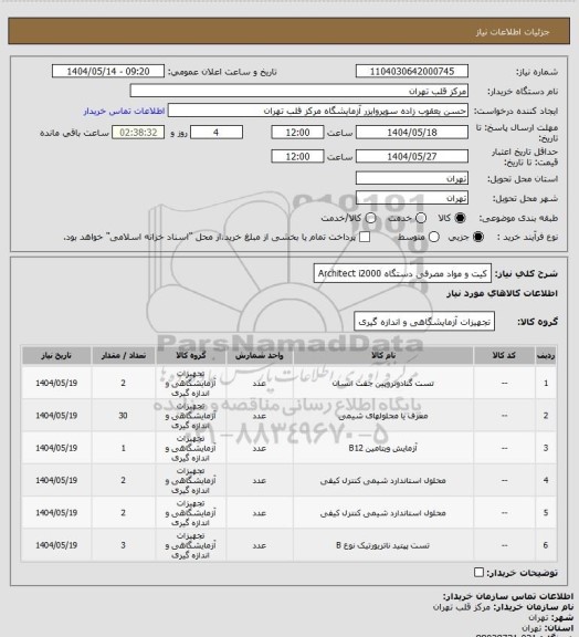 استعلام کیت و مواد مصرفی دستگاه Architect i2000