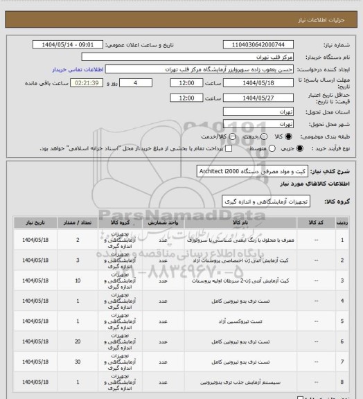 استعلام کیت و مواد مصرفی دستگاه Architect i2000