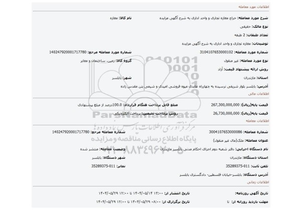 مزایده، مغازه تجاری و واحد اداری به شرح آگهی مزایده