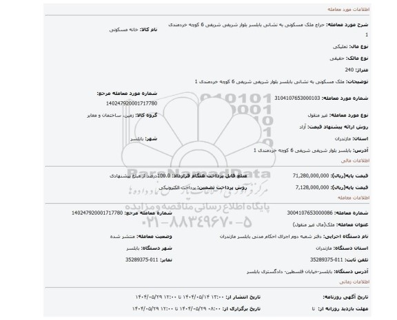 مزایده، ملک مسکونی به نشانی بابلسر بلوار شریفی شریفی 6 کوچه خردمندی 1