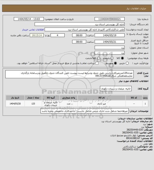 استعلام تعداد125عددمیزکارشناسی طبق جدول وشرایط لیست پیوست تامین کنندگان جدول راتکمیل ودرسامانه بارگذاری نمایندهماهنگی شاکر09131549122