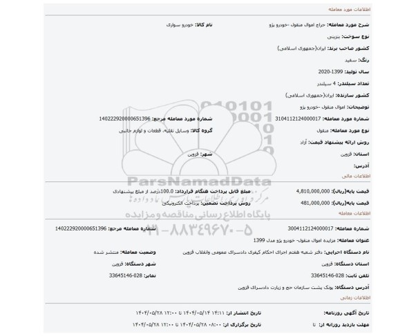 مزایده، اموال منقول -خودرو پژو