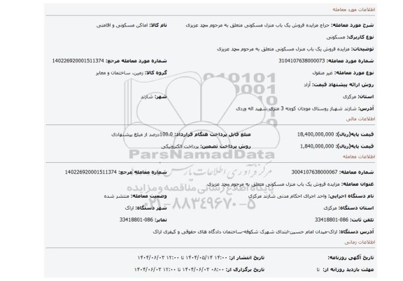 مزایده، مزایده فروش یک باب منزل مسکونی متعلق به مرحوم محمد عزیزی