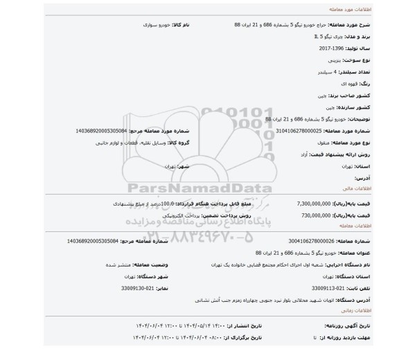مزایده، خودرو  تیگو 5 بشماره 686 و 21 ایران 88