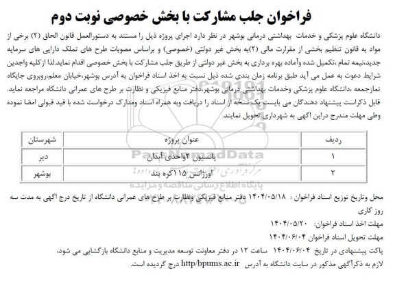 فراخوان جذب سرمایه گذار پانسیون و اورژانس
