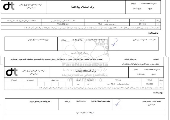 استعلام، مناقصه روغن نمای چشمی R - 1 