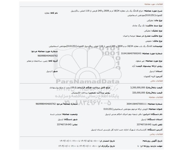 مزایده، 6دانگ یک باب مغازه  18/24 م م  2939 و 249 فرعی از 119 اصلی ب3اردبیل کلخوران(0101251)محمدتقی اسماعیلی