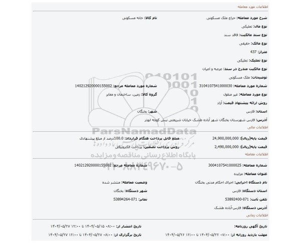 مزایده، ملک مسکونی