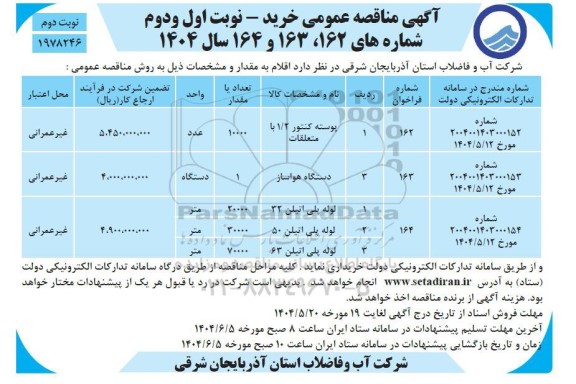 مناقصه عمومی خرید پوسته کنتور 1/2 با متعلقات.../ نوبت دوم