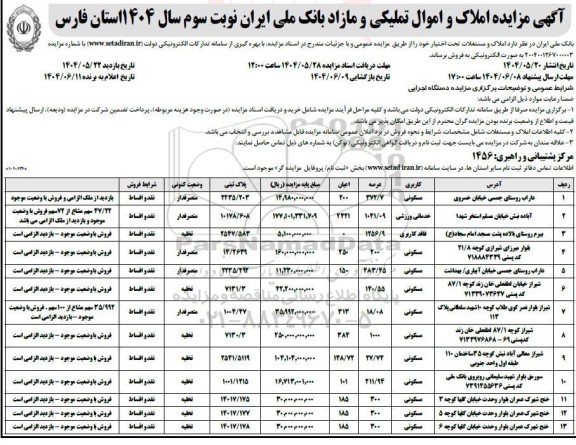 مزایده املاک و اموال تملیکی و مازاد بانک ملی ایران- نوبت سوم 