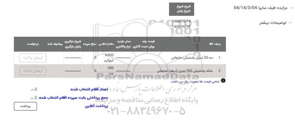 مزایده دبه 20 لیتری پلاستیکی ضایعاتی..