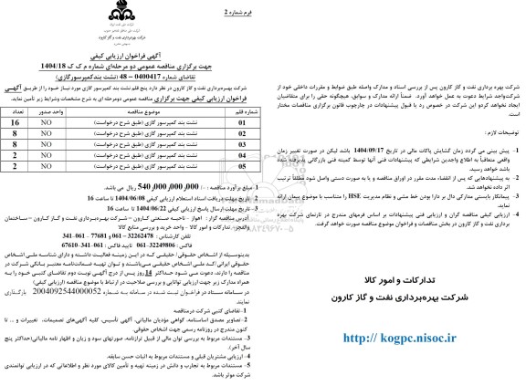 مناقصه نشت بند کمپرسور گازی