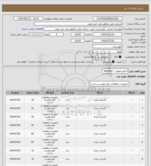 استعلام 9 قلم قطعات "BORSIG"