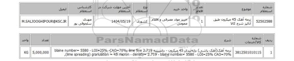 استعلام نرمه آهک 45 میکرون طبق آنالیز شرح کالا