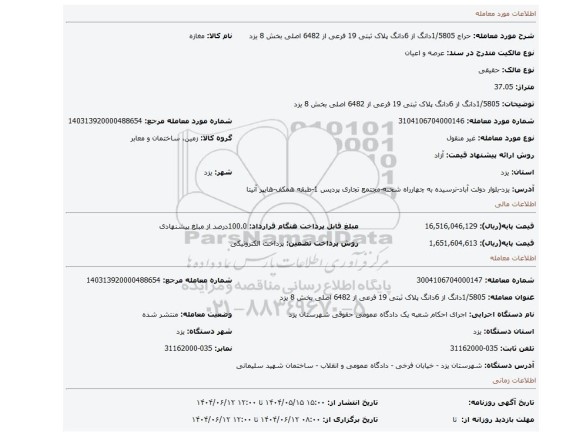 مزایده، 1/5805دانگ از 6دانگ پلاک ثبتی 19 فرعی از 6482 اصلی بخش 8 یزد