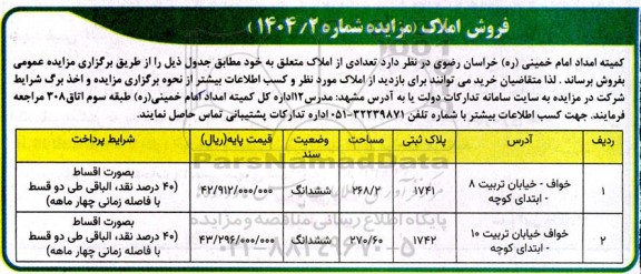 مزایده فروش    تعدادی از املاک  با پلاک ثبتی