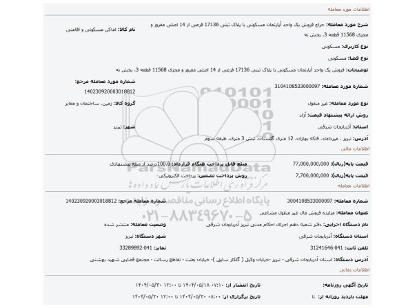 مزایده، فروش یک واحد آپارتمان مسکونی با پلاک ثبتی 17136 فرعی از 14 اصلی مفروز و مجزی 11568 قطعه 3، بخش نه