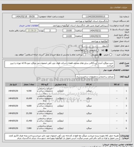 استعلام خرید میلگرد آجدار تیپ A3در سایز های مختلف فقط از شرکت فولاد ذوب آهن اصفهان بجز میلگرد نمره 8 که تهران یا تبریز میباشد