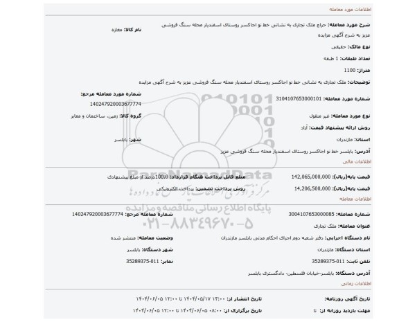 مزایده، ملک تجاری به نشانی خط نو اجاکسر روستای اسفندیار محله سنگ فروشی عزیز به شرح آگهی مزایده