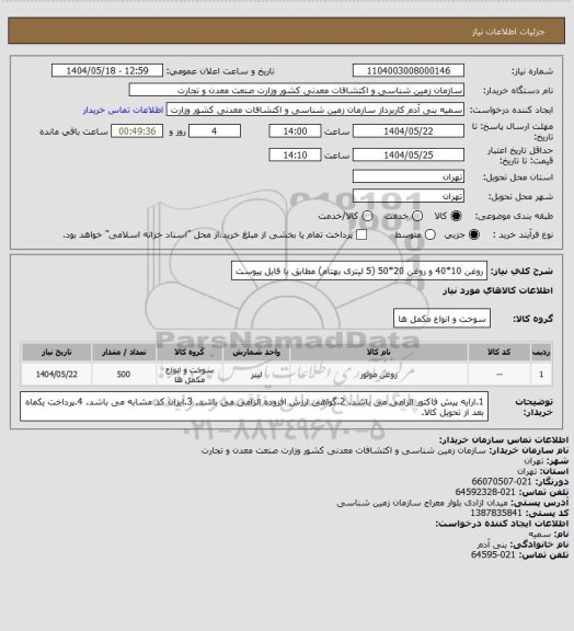 استعلام روغن 10*40 و روغن 20*50 (5 لیتری  بهتام) مطابق با فایل پیوست