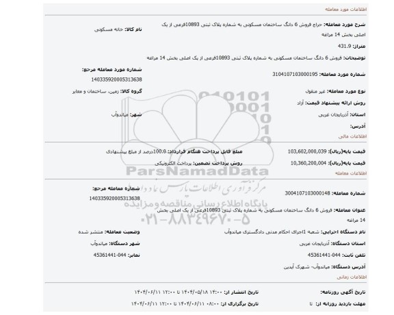 مزایده، فروش 6 دانگ ساختمان مسکونی به شماره پلاک ثبتی 10893فرعی از یک اصلی بخش 14 مراغه