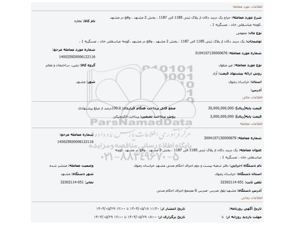 مزایده، یک دربند دکان از پلاک ثبتی 1185 الی 1187 ، بخش 2 مشهد ، واقع در مشهد ،کوچه عباسقلی خان ، عسگریه 1 ،
