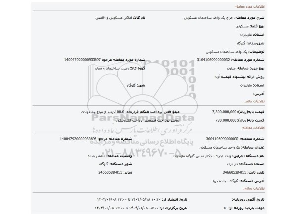 مزایده، یک واحد ساختمان مسکونی