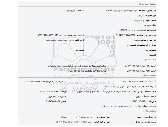 مزایده، اموال منقول -خودرو پژو405GLX