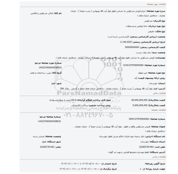 مزایده، فروش مسکونی به نشانی اهواز  بلوار آیت الله بهبهانی ( پشت مصلا ) ، خیابان غفاری ، حدفاصل خیابان های ا