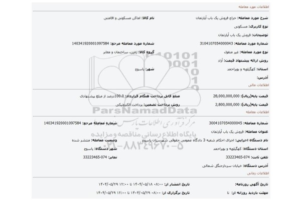 مزایده، فروش یک باب آپارتمان