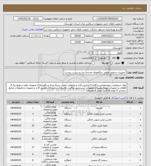 استعلام تجهیزات و لوازم رفاهی پایگاههای امدادی بشرح لیست پیوست