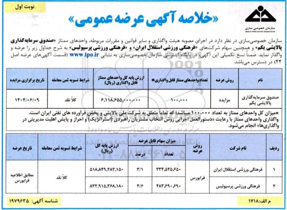 مزایده خلاصه آگهی عرضه عمومی، سهام 