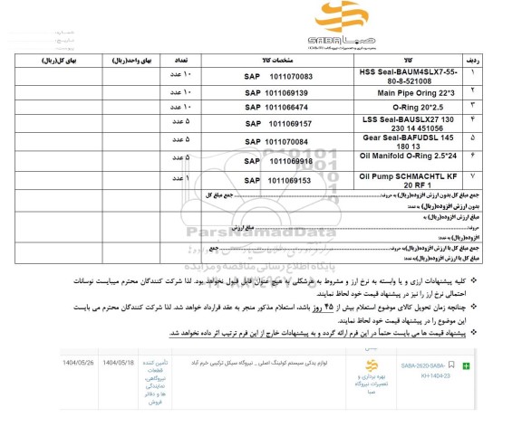 استعلام لوازم یدکی سیستم کولینگ اصلی ...