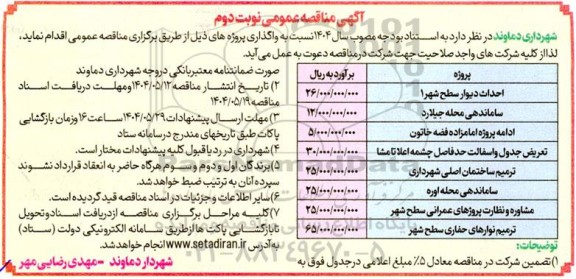 مناقصه احداث دیوار سطح شهر....نوبت دوم