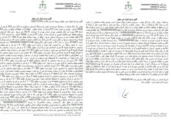 مزایده یک دستگاه آپارتمان مسکونی به پلاک ثبتی 702 فرعی از 3928 اصلی 