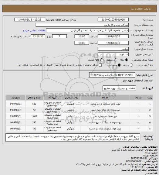 استعلام TUBE SS 904L-تقاضای شماره 0430206