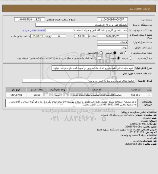 استعلام تهیه مواد غذایی طبخ وتوزیع غذای دانشجویی در آموزشکده حاج حشمت نهاوند، سامانه ستاد 