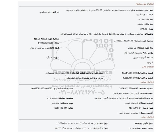 مزایده، ساختمان مسکونی به پلاک ثبتی 13120 فرعی از یک اصلی واقع در میاندوآب خیابان شهید اکبرنژاد