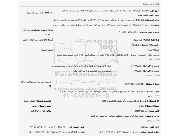 مزایده،  اجاره یک ساله  300 متر مربع  از اراضی استملاکی مربوط به کانال روستای راسته کنار شفت جهت کشت صیفی