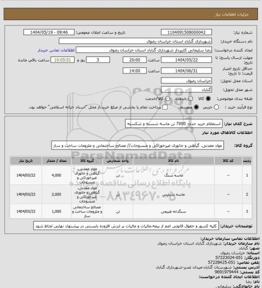 استعلام استعلام خرید حدود 7000 تن ماسه شسته و شکسته