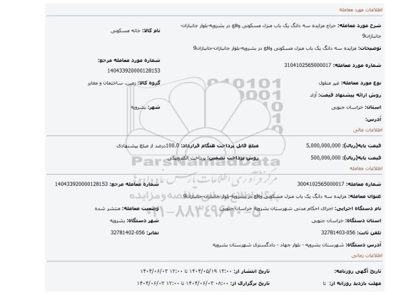 مزایده، مزایده سه دانگ یک باب منزل مسکونی واقع در بشرویه-بلوار جانبازان-جانبازان9