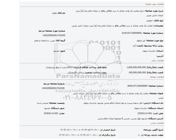 مزایده، تمامت یک واحد تجاری با سند اوقافی واقع در خیابان امام رضا (ع) نبش خیابان دانش غربی