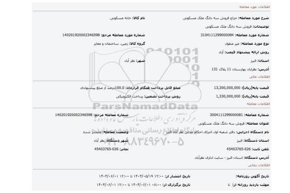 مزایده، فروش سه دانگ ملک مسکونی
